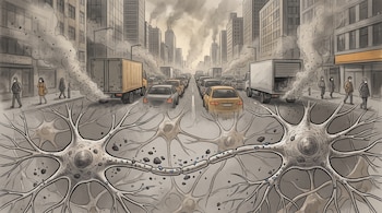 Ilustración de una avenida con congestión vehicular sobre un esquema microscópico de neuronas cubiertas por pequeñas partículas.