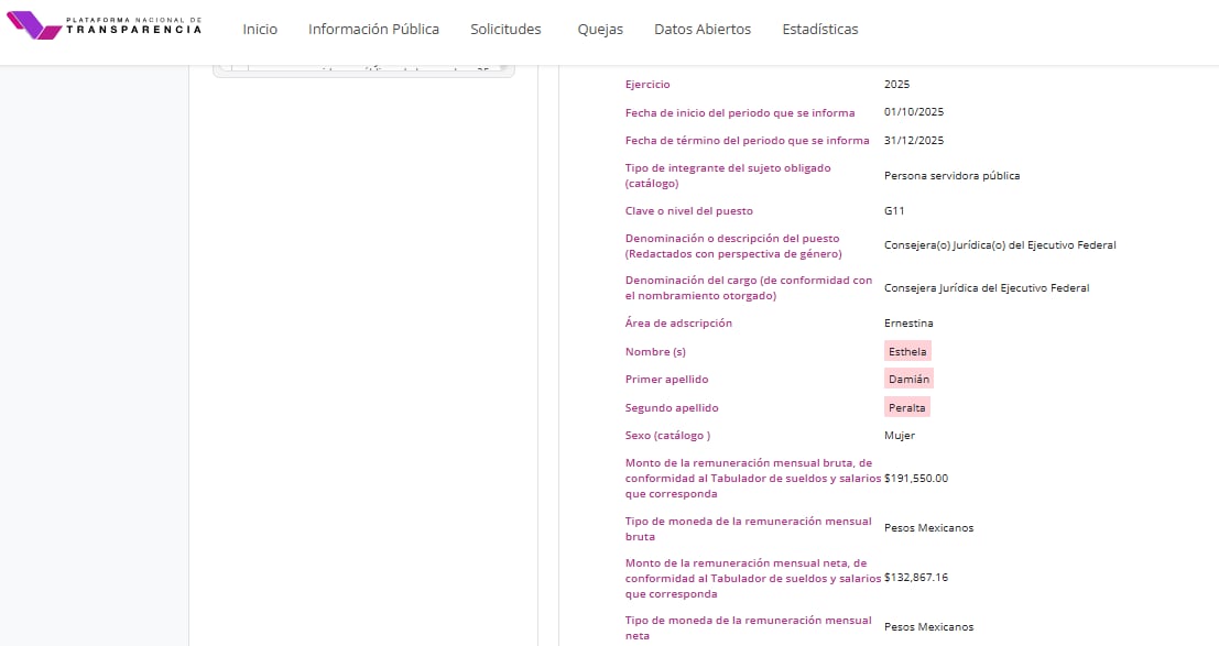 Sueldo de la Consejería Jurídica de presidencia. (Captura de pantalla)