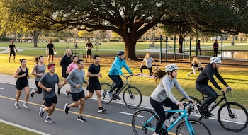 Un grupo diverso de personas corre, anda en bicicleta y realiza ejercicios en un parque con árboles, césped, un estanque y equipo deportivo al aire libre.