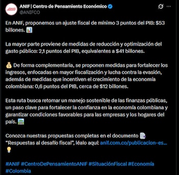 Anif propuso un ajuste fiscal de 3 puntos del PIB, equivalente a $53 billones, para enfrentar los desafíos de la economía colombiana - crédito @ANIFCO/X