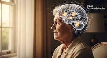 Perfil de una persona mayor mirando una ventana. Una imagen translúcida del cerebro, con puntos brillantes en varias áreas, se superpone a su cabeza.