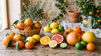 Varias naranjas, limones, mandarinas, limas y pomelos enteros y en mitades sobre una mesa de madera, con una jarra de agua al fondo.