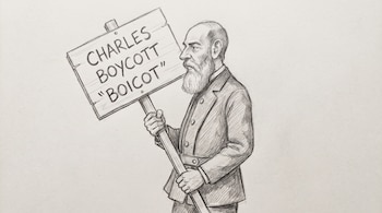 Dibujo a lápiz de un hombre con barba y traje que sostiene un cartel de madera con el texto CHARLES BOYCOTT BOICOT.
