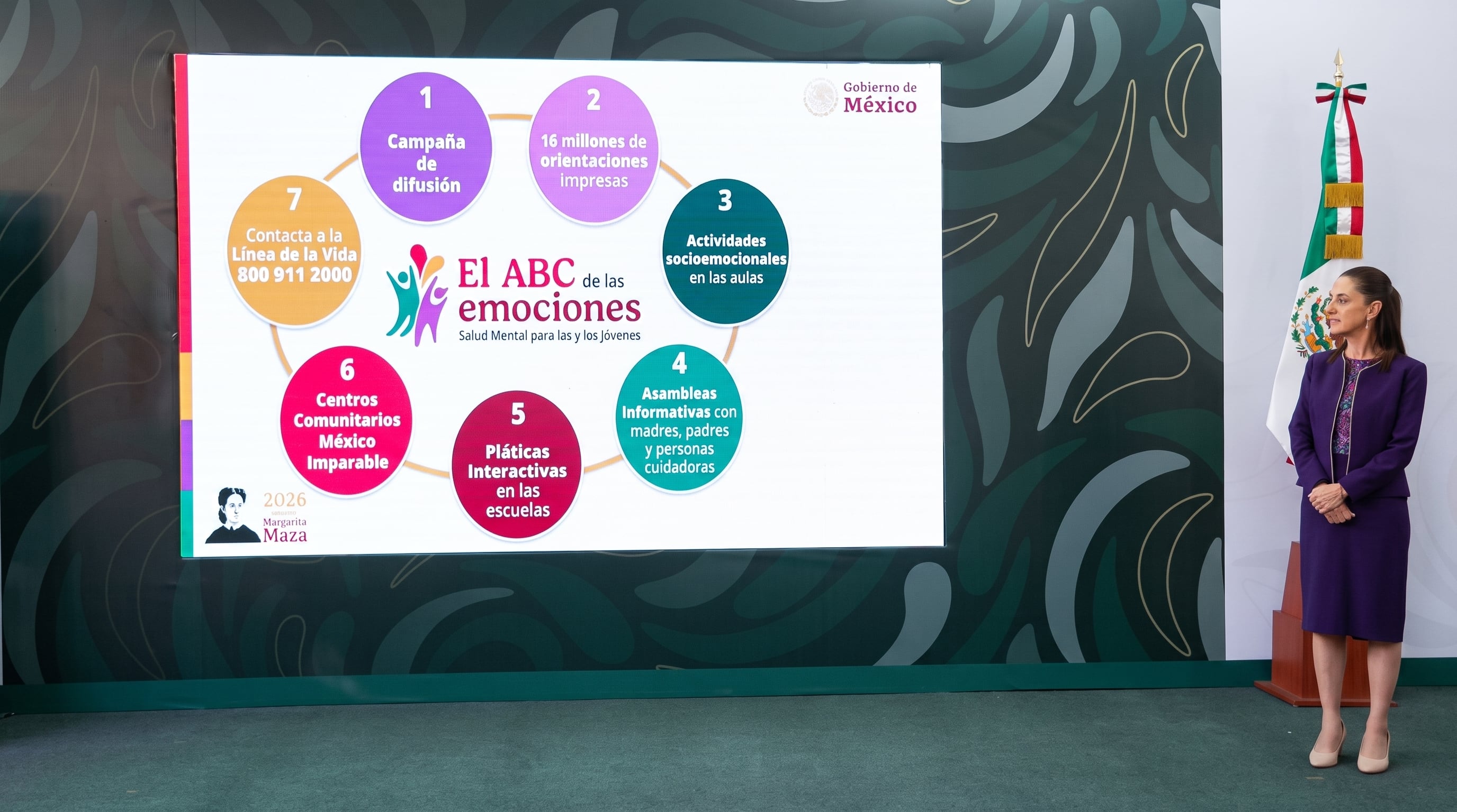 La presidenta Claudia Sheinbaum presenta el programa El ABC de las emociones para la salud mental de la juventud durante una conferencia del Gobierno de México. (Imagen Ilustrativa Infobae)
