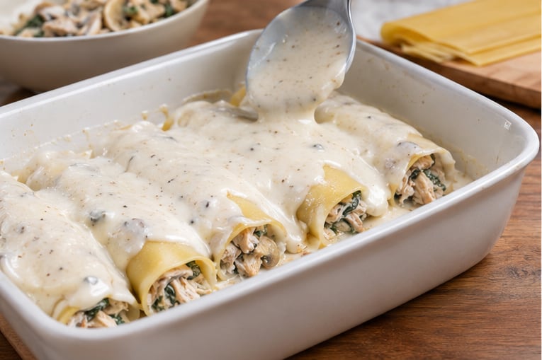 Antes de ir al horno debe usar la salsa bechamel sobre la pasta, antes de agregar el queso para gratinar - crédito Visuales IA