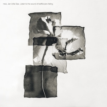 Una obra de arte en blanco y negro con una composición abstracta de formas florales superpuestas, creando texturas translúcidas en papel, con texto en inglés arriba