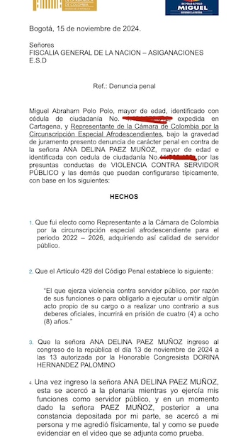 El representante Miguel Polo Polo denunció a madre de Soacha por ejercer violencia contra un servidor público - crédito @MiguelPoloP/X