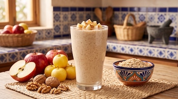 Un vaso con batido decorado con manzana picada junto a manzanas, nueces y un cuenco con avena sobre un mantel individual de fibra.