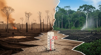Imagen partida: bosque amazónico deforestado y en llamas (izquierda); bosque verde con troncos (derecha). Termómetro central en 2°C sobre tierra agrietada.