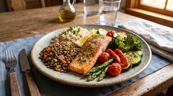 Plato con filete de salmón, lentejas, arroz integral, brócoli, espárragos y tomates sobre mantel de tela junto a cubiertos y un vaso con agua.