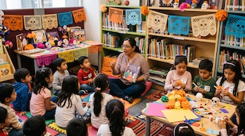Una mujer sentada en el suelo sostiene un libro frente a varios niños rodeados de estanterías, papel picado, papeles de colores y calaveras.