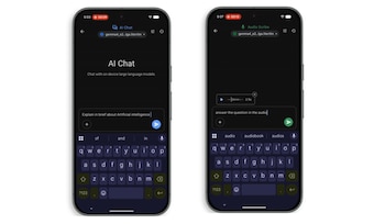 Dos pantallas de teléfono inteligente exhiben interfaces de aplicaciones. Una es de chat con inteligencia artificial y la otra de transcripción de audio