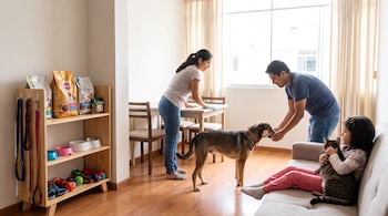 Familia de tres con perro y gato en sala de estar. Estantería con comida, correas y tazones para mascotas. Mujer limpia mesa, hombre interactúa con perro