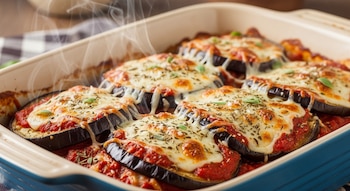 Un primer plano de berenjenas a la parmesana humeantes en una fuente para hornear. Rodajas de berenjena, salsa de tomate roja, queso mozzarella derretido y hierbas.