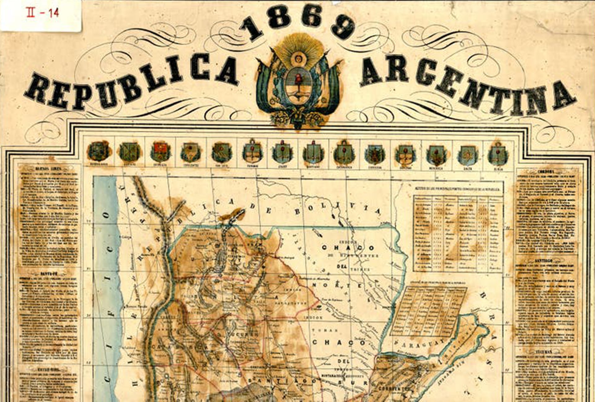 Mapa de una parte de la Argentina de 1869 donde figuran los escudos de 14 provincias Archivo General de la Nacion