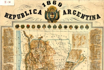 Mapa de una parte de la Argentina de 1869 donde figuran los escudos de 14 provincias Archivo General de la Nacion