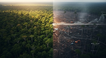 Vista aérea de una selva tropical dividida: mitad izquierda verde y frondosa, mitad derecha deforestada con tierra árida, tocones y maquinaria.