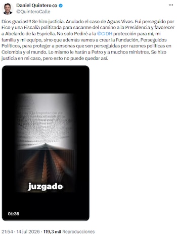 Daniel Quintero denunció persecución política tras fallo a su favor y reveló nueva fundación - crédito @QuinteroCalle/X