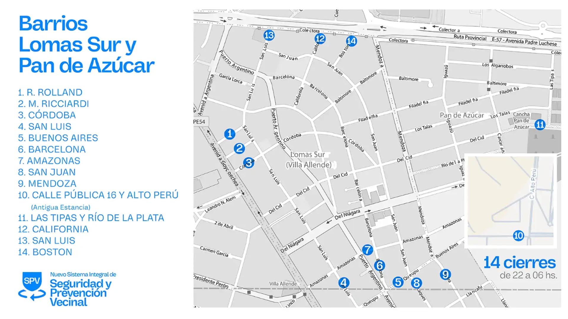 El mapa con los primeros cierres nocturnos que implementará la ciudad cordobesa. Fuente: Municipalidad de Villa Allende