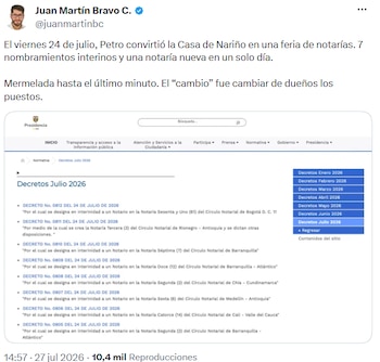 El exconcejal de Cali Juan Martín Bravo cuestionó el nombramiento de Jorge Armando Ruiz Viveros como notario interino - crédito @juanmartinbc/X