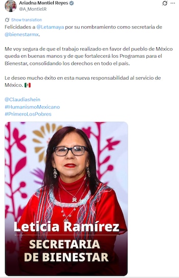 Ariadna Montiel Reyes deja la Secretaría del Bienestar para reincorporarse como militante activa de Morena en el actual proceso político. | (Crédito: X@A_MontielR)
