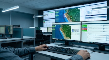 Persona frente a un teclado y monitores que exhiben mapas con epicentros, gráficos de ondas y el logotipo del Instituto Geofísico del Perú.
