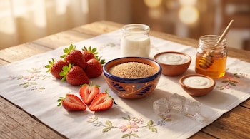 Fresas, un cuenco de barro con amaranto, un frasco de leche, recipientes con yogur, miel y cubos de hielo sobre un mantel bordado.