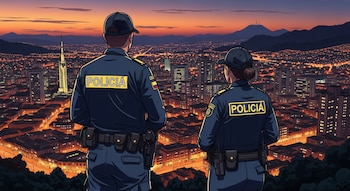 Dos policías colombianos de espaldas, un hombre y una mujer, observan una ciudad iluminada al anochecer desde una altura. Edificios y montañas se ven al fondo.