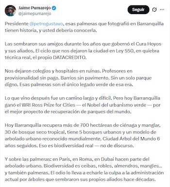 El exalcalde de Barranquilla recordó que fueron los aliados de Petro los que impulsaron la inciativa - crédito @jaimepumarejo/X