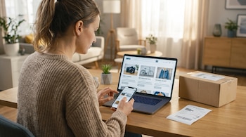 Una mujer utiliza una laptop y un teléfono móvil en un escritorio de madera. Una caja de cartón y un comprobante de transferencia bancaria están sobre la mesa.