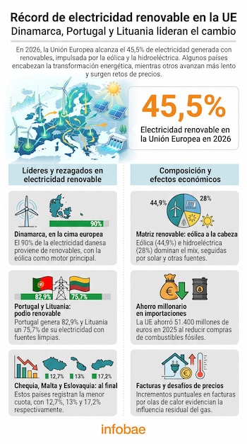 Infográfico de eletricidade renovável 2026 da União Europeia com mapas, percentagens, bandeiras, ícones de energia e gráficos de barras e pizza. Fonte: infobae.