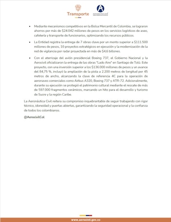 La Aerocivil anunció auditorías, revisión exhaustiva de los procesos cuestionados y prioridad en la entrega de documentación sobre contratación pública - crédito Aerocivil