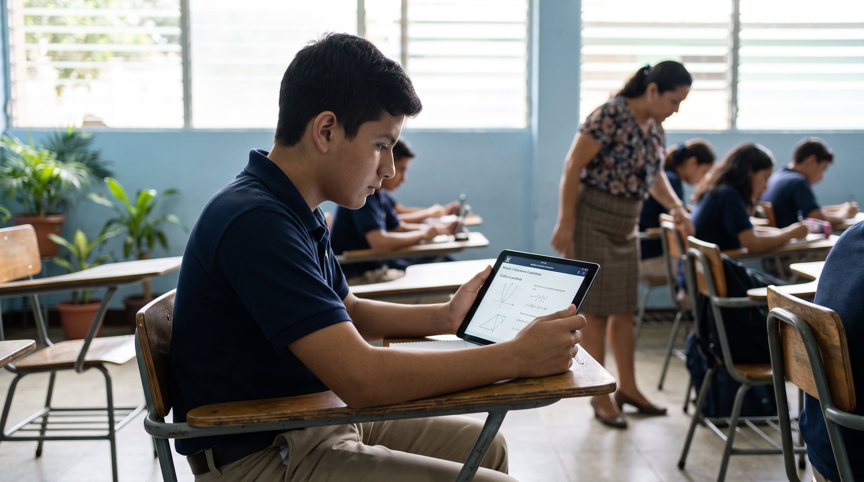 Un estudiante de secundaria utiliza una tableta digital para resolver ejercicios de matemáticas en un aula de escuela pública en América Central. (Imagen Ilustrativa Infobae)