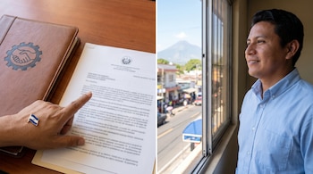 Mano con pin de bandera de El Salvador señalando documento. Hombre con camisa azul mira por ventana a paisaje urbano y volcán.