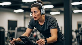 Primer plano de una mujer entrenando en una bicicleta fija, lleva auriculares grises y un reloj inteligente en su muñeca derecha. Fondo desenfocado de gimnasio.