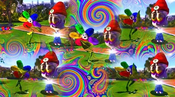 Collage digital horizontal con múltiples flores sonrientes y figuras con gorro rojo. El fondo psicodélico tiene espirales y patrones de colores intensos.