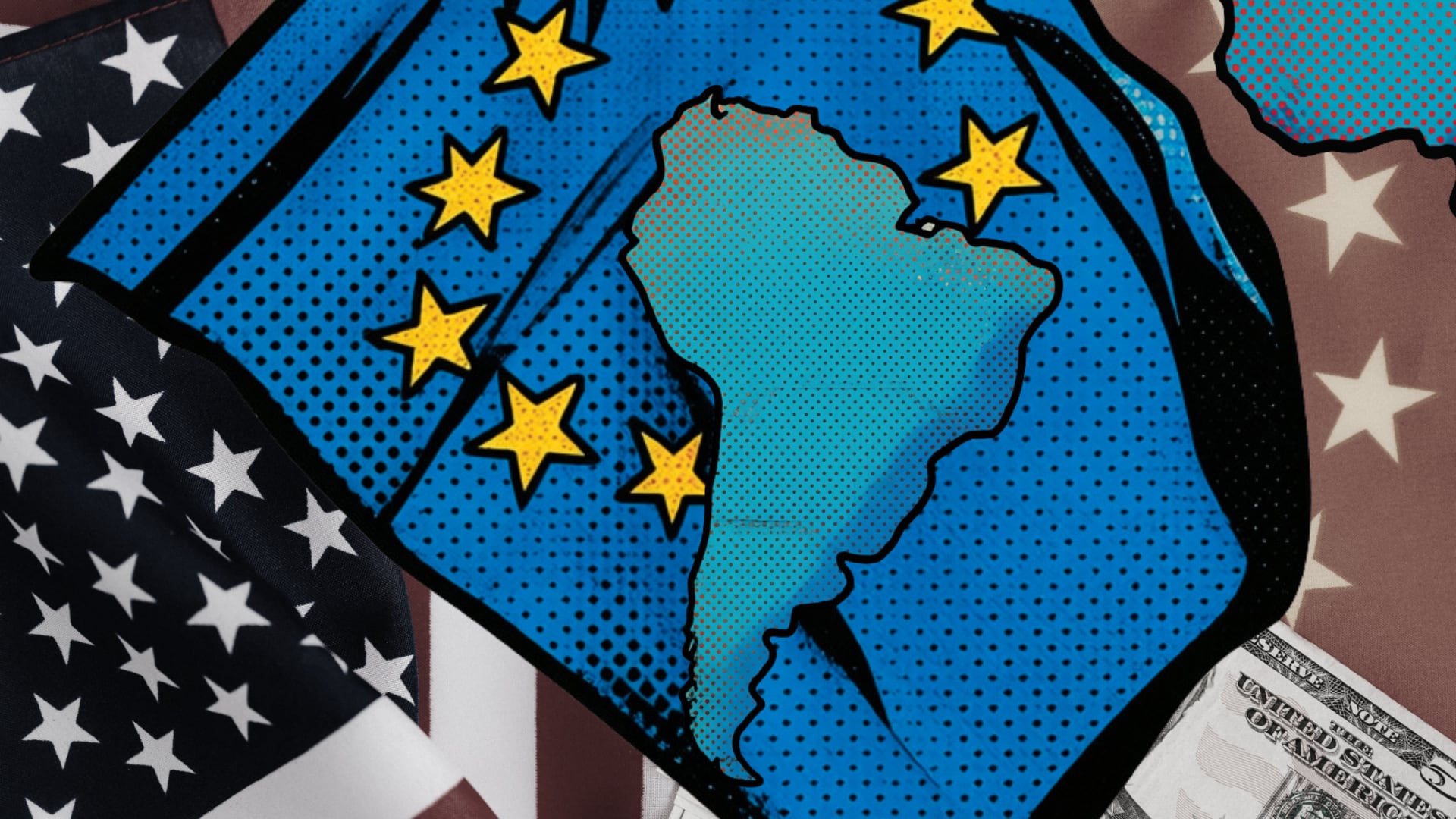 Composición fotográfica de las banderas de Estados Unidos, China y la Unión Europea junto con el mapa de Sudamérica (Montaje Infobae)