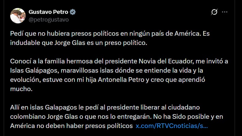 Gustavo Petro aseguró que la liberación de Jorge Glas no ha sido posible - crédito @petrogustavo/X
