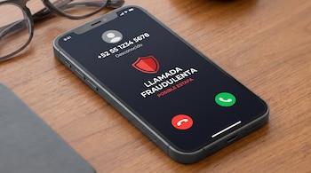 Teléfono celular sobre mesa de madera con alerta de llamada fraudulenta en pantalla que indica número desconocido, botones verde y rojo, y gafas.