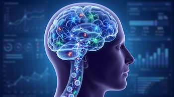 Ilustración 3D de una cabeza humana en corte sagital con cerebro transparente, mostrando células microgliales, rutas de luz y células sanguíneas con ADN.