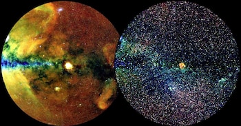 La sección del cielo del eRosita All-Sky Survey Catalog (eRASS1) en dos representaciones diferentes (J. SANDERS FÜR DAS EROSITA-KONSORTIUM)