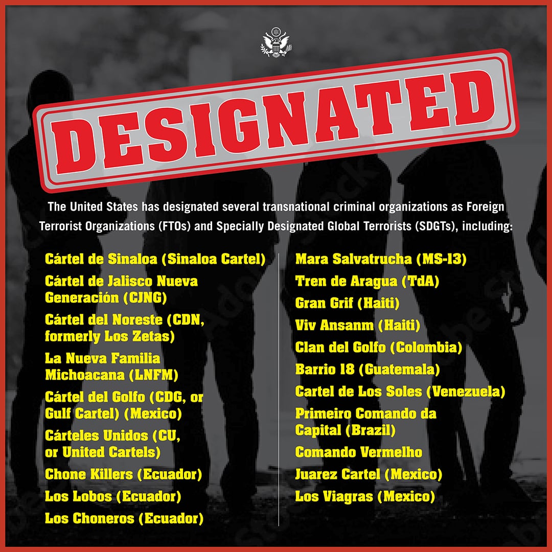 La Administración Trump incluyó formalmente a Barrio 18 en la lista de Organizaciones Terroristas Extranjeras (FTO), junto a otras 19 estructuras criminales del hemisferio occidental como la MS-13 y el Tren de Aragua (Cortesía: @WHAAsstSecty).