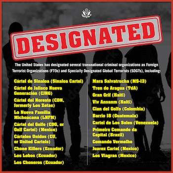 La Administración Trump incluyó formalmente a Barrio 18 en la lista de Organizaciones Terroristas Extranjeras (FTO), junto a otras 19 estructuras criminales del hemisferio occidental como la MS-13 y el Tren de Aragua (Cortesía: @WHAAsstSecty).