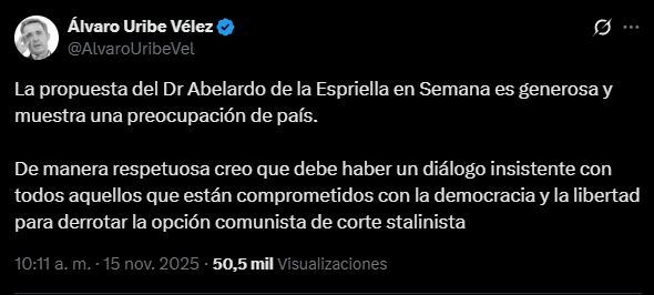 Álvaro Uribe Vélez respaldó la propuesta de Abelardo de la Espriella para realizar una encuesta en diciembre y definir al candidato único de la derecha - crédito Álvaro Uribe Vélez/X
