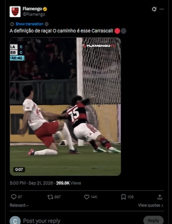 Esta fue la publicación con la cual el cuadro de Río de Janeiro defendió a Jorge Carrascal tras salvar un gol ante el Bragantino por el Brasileirao-crédito @flamengo/X