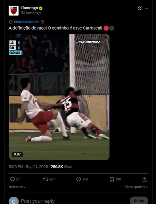 Esta fue la publicación con la cual el cuadro de Río de Janeiro defendió a Jorge Carrascal tras salvar un gol ante el Bragantino por el Brasileirao-crédito @flamengo/X