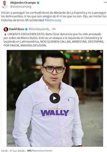 Alejandro Ocampo advirtió sobre persecución a opositores tras arresto de Beto Coral - crédito @alejoocampog/X