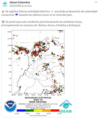 Ideam alertou sobre chuvas contínuas, trovoadas e nuvens espessas nas áreas de Córdoba, Sucre, Bolívar e Antioquia. - crédito @IDEAMColombia/X
