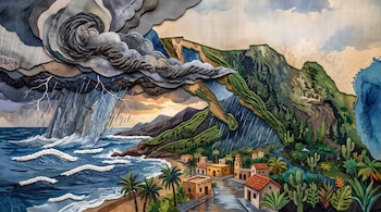 Mapa de México elaborado con recortes de tela e hilos que representa nubes de tormenta, olas en el mar, un poblado y vegetación.