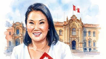 Ilustración en acuarela de Keiko Fujimori sonriendo, en primer plano, con el Palacio de Gobierno de Perú y una bandera peruana al fondo.